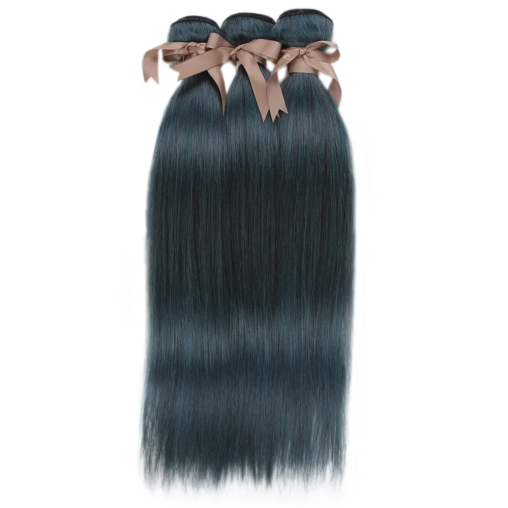 Queen Remy Human Hair 3 Bundles with Closure Straight Hair Weave Ink Blue Jade Shade Dark Green Color - Image 2