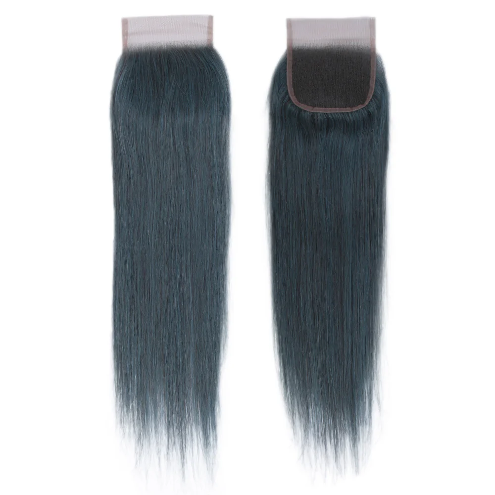 Queen Remy Human Hair 3 Bundles with Closure Straight Hair Weave Ink Blue Jade Shade Dark Green Color - Image 3