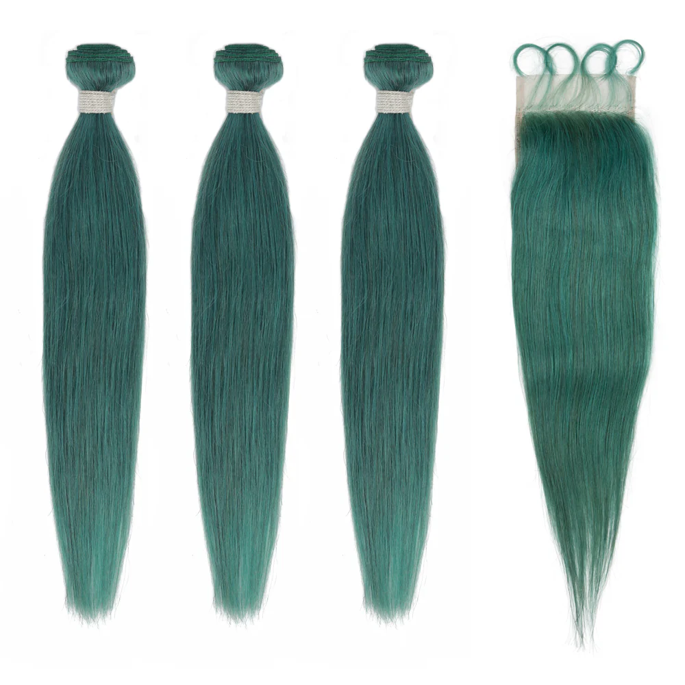 Queen Remy Human Hair 3 Bundles with Closure Straight Hair Weave Jade Green Color - Image 2