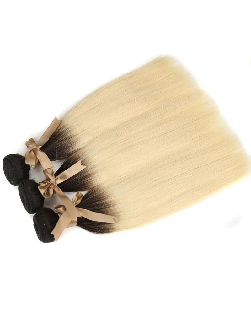 QVR Remy Human Hair 3 Bundles Straight Hair T1B/613 - Image 3