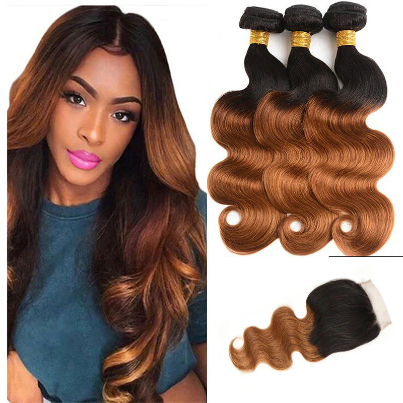 QVR Body Wave Bundles With Closure Remy Human Hair 3 bundles with 4*4 Lace Closure Ombre Brown Color T1B/30