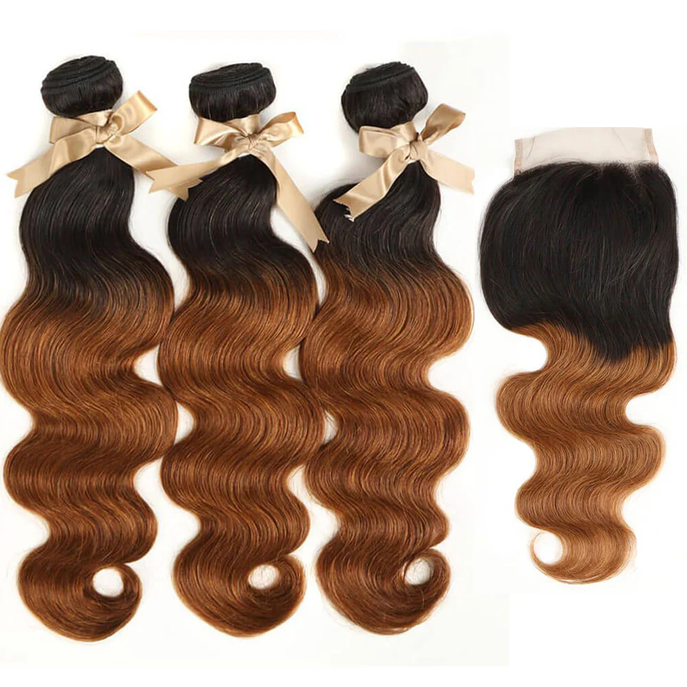 QVR Body Wave Bundles With Closure Remy Human Hair 3 bundles with 4*4 Lace Closure Ombre Brown Color T1B/30 - Image 2