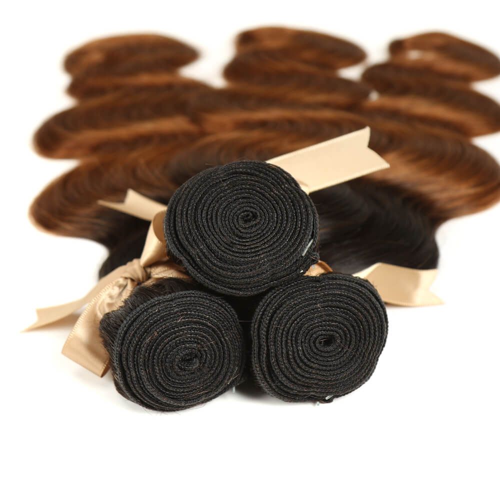 QVR Body Wave Bundles With Closure Remy Human Hair 3 bundles with 4*4 Lace Closure Ombre Brown Color T1B/30 - Image 4