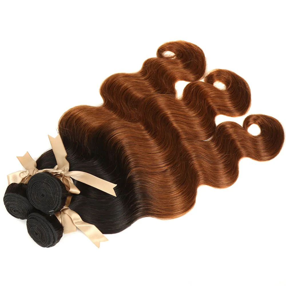 QVR Body Wave Bundles With Closure Remy Human Hair 3 bundles with 4*4 Lace Closure Ombre Brown Color T1B/30 - Image 8