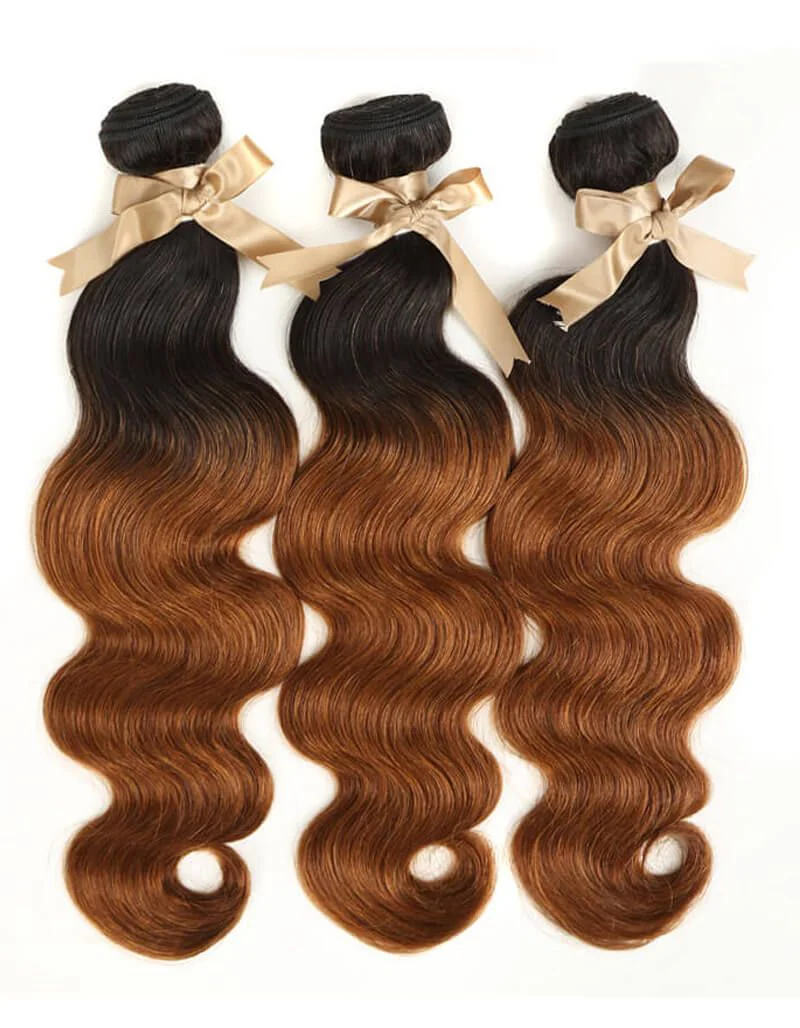QVR Body Wave Bundles With Closure Remy Human Hair 3 bundles with 4*4 Lace Closure Ombre Brown Color T1B/30 - Image 9