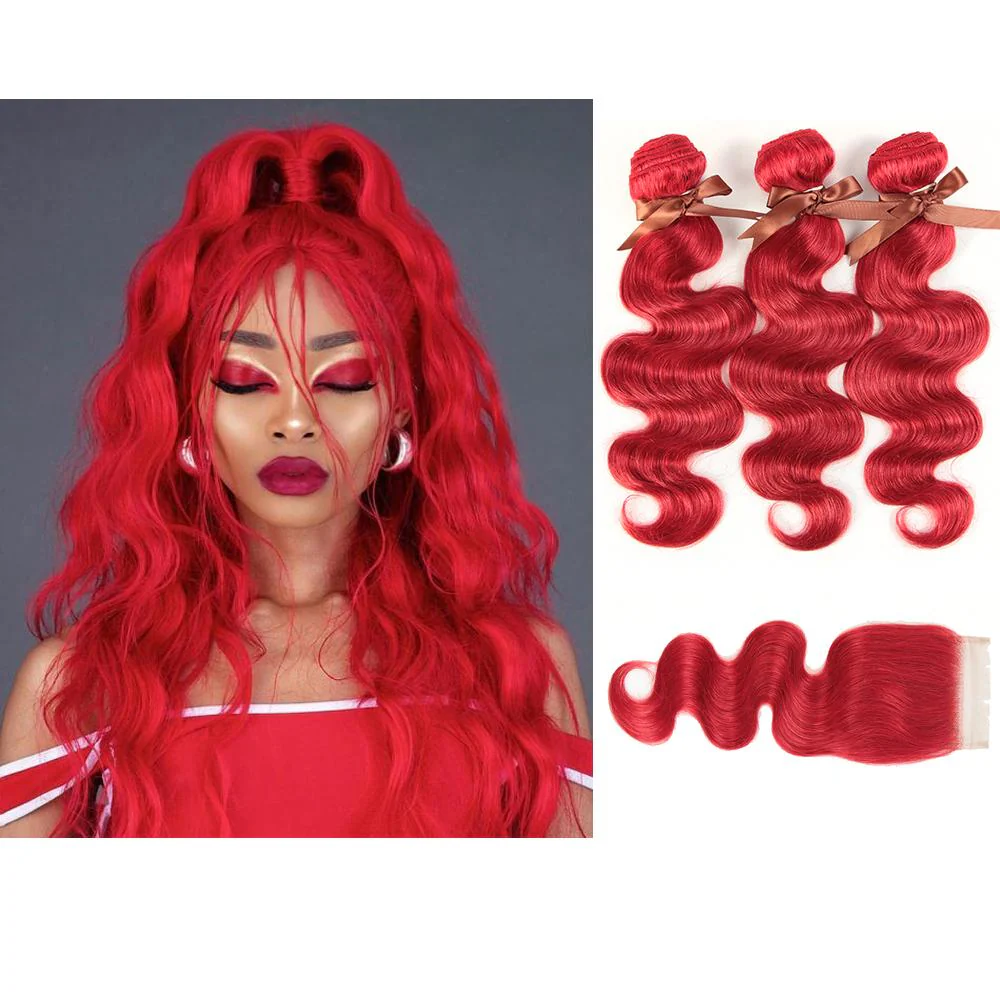 QVR Red Color Brazilian Body Wave Bundles With Closure Remy Hair Weave Bunldes Hair Extension For Black Women - Image 2