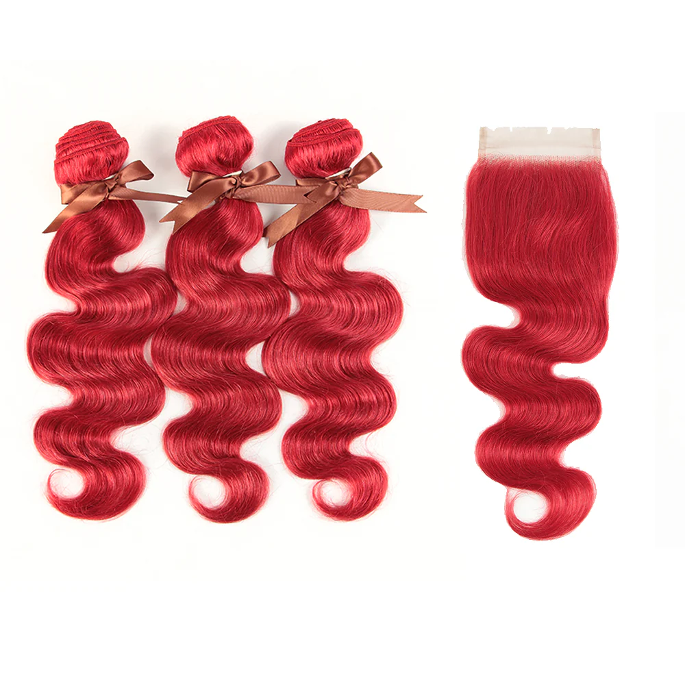 QVR Red Color Brazilian Body Wave Bundles With Closure Remy Hair Weave Bunldes Hair Extension For Black Women - Image 3