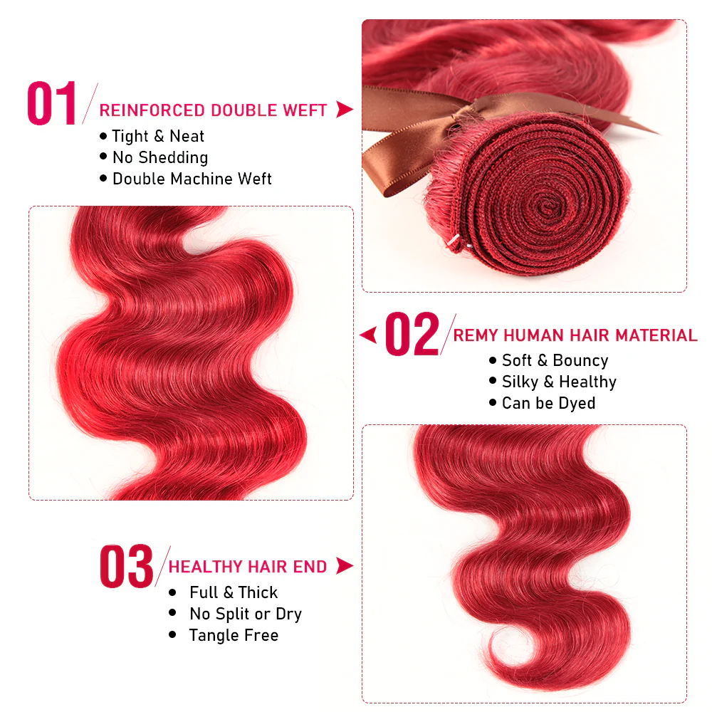 QVR Red Color Brazilian Body Wave Bundles With Closure Remy Hair Weave Bunldes Hair Extension For Black Women - Image 5