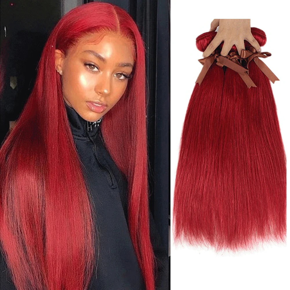 Remy Human Hair 3 Bundles Straight Hair Weave Red Color - Image 2