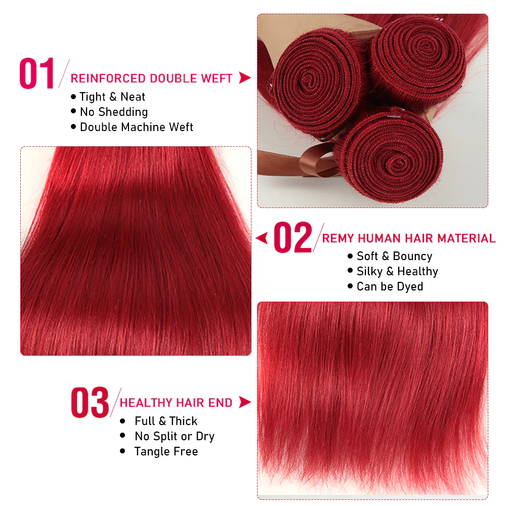 Remy Human Hair 3 Bundles Straight Hair Weave Red Color - Image 6