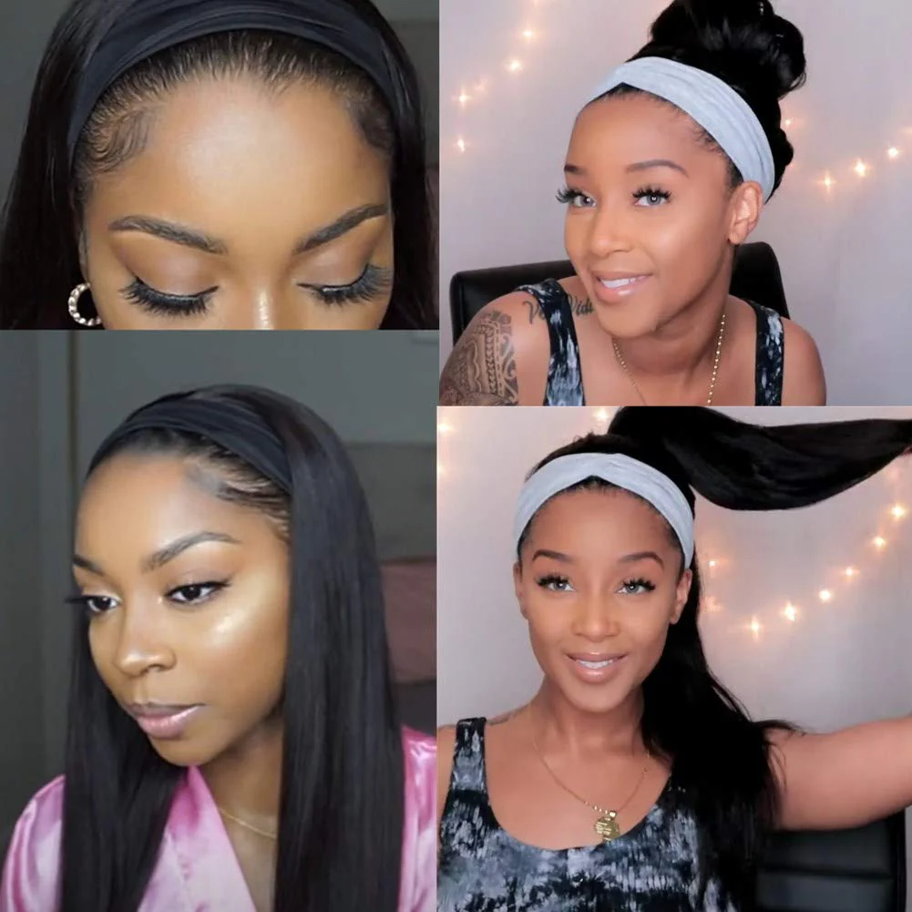 QVR Remy Human Hair Headband Wig Straight Headwrap Wig Natural Color - Image 3