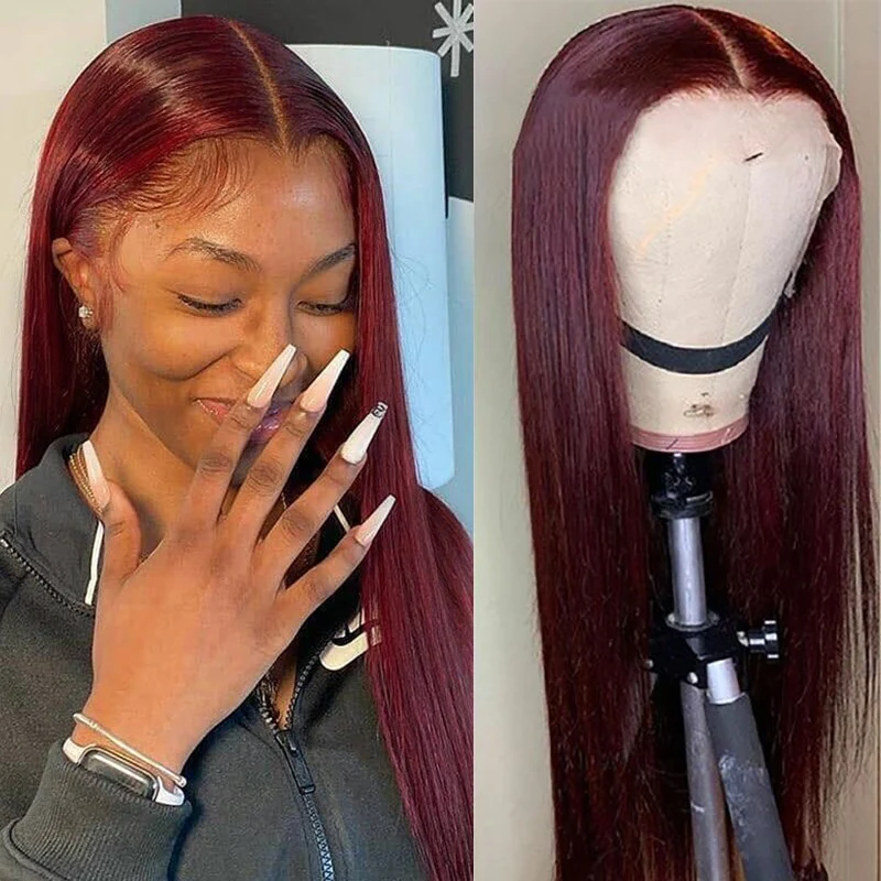 QueenVirginRemy Colored Wigs 99J Straight 13x4 HD Lace Front Wigs Red Wine Color Virgin Human Hair Wigs 200% Density Glueless Wigs - Image 4