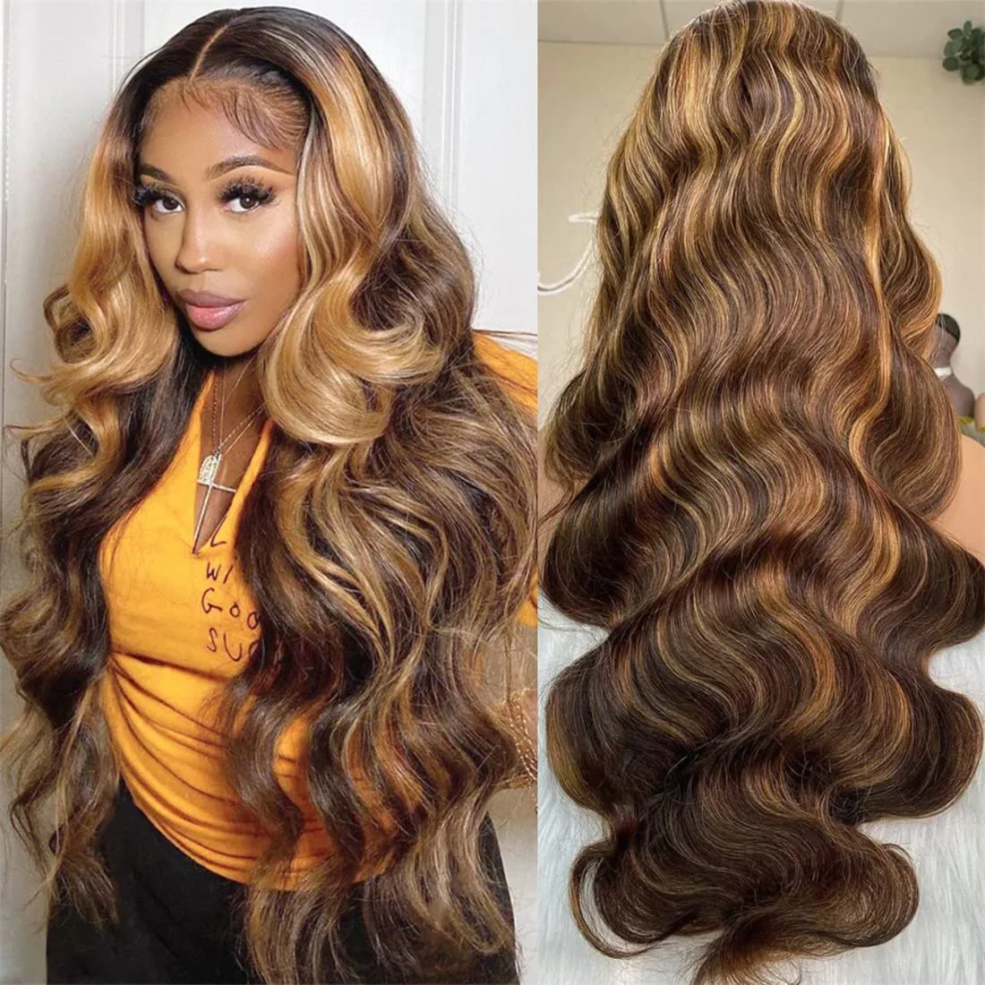 QVR 13x4 Transparent Lace Front Body Wave Wig Honey Blonde Piano Highlights Human Hair Wigs - Image 2