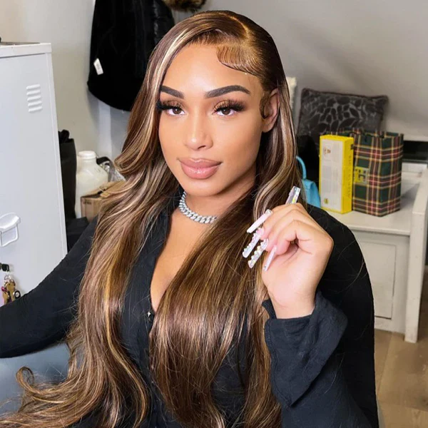 QVR 13x4 Transparent Lace Front Body Wave Wig Honey Blonde Piano Highlights Human Hair Wigs - Image 5