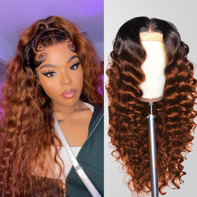 QVR 1B/33 Glueless Affordable Loose Deep Wave 4x4/5x5 Lace Closure Ombre Reddish Brown Colored Wigs - Image 3
