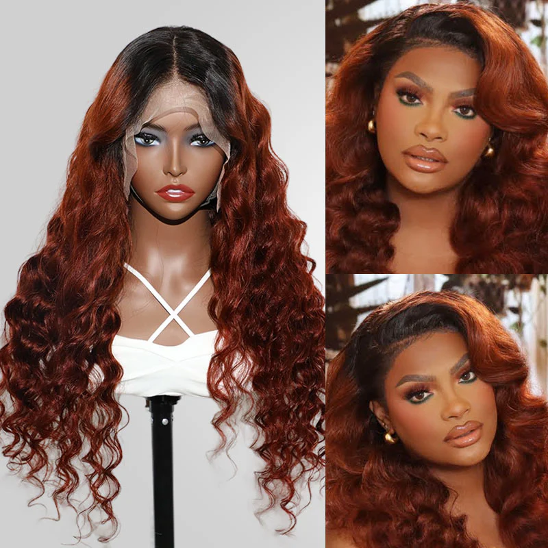 QVR 1B/33 Glueless Affordable Loose Deep Wave 4x4/5x5 Lace Closure Ombre Reddish Brown Colored Wigs - Image 4