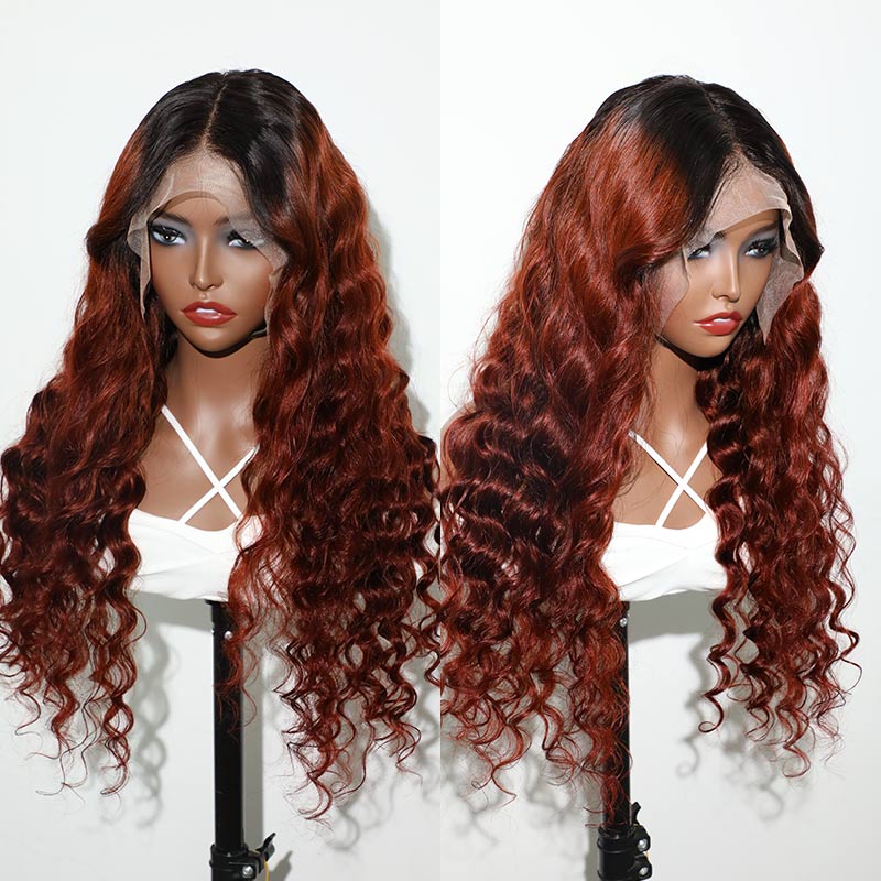 QVR 1B/33 Glueless Affordable Loose Deep Wave 4x4/5x5 Lace Closure Ombre Reddish Brown Colored Wigs - Image 6