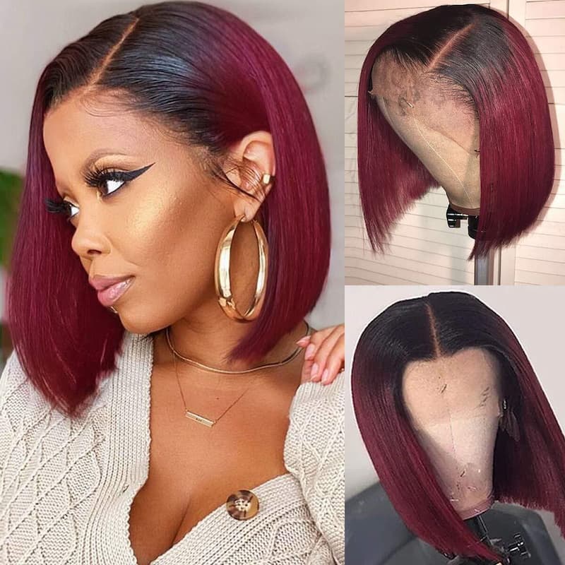 QVR 1B/99J Burgundy Color Hair Short Bob Wigs Straight Human Hair Wigs Short Lace Wigs With Dark Roots - Image 2