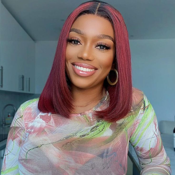 QVR 1B/99J Burgundy Color Hair Short Bob Wigs Straight Human Hair Wigs Short Lace Wigs With Dark Roots - Image 3