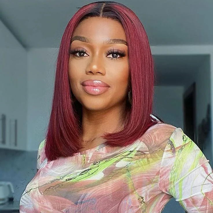 QVR 1B/99J Burgundy Color Hair Short Bob Wigs Straight Human Hair Wigs Short Lace Wigs With Dark Roots - Image 4