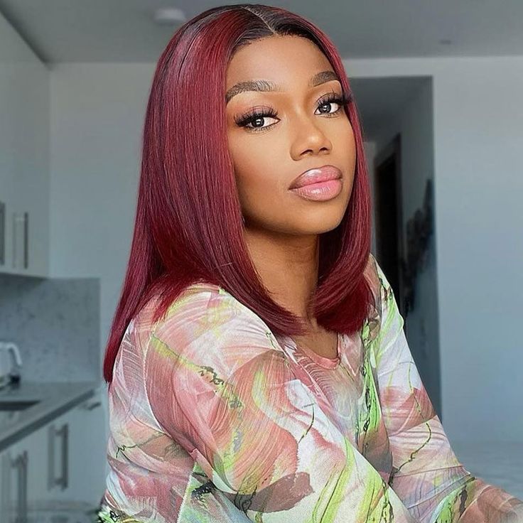 QVR 1B/99J Burgundy Color Hair Short Bob Wigs Straight Human Hair Wigs Short Lace Wigs With Dark Roots - Image 5