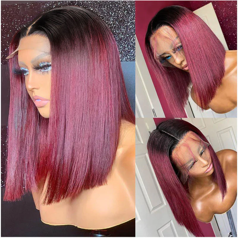QVR 1B/99J Burgundy Color Hair Short Bob Wigs Straight Human Hair Wigs Short Lace Wigs With Dark Roots - Image 6