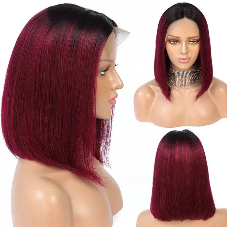 QVR 1B/99J Burgundy Color Hair Short Bob Wigs Straight Human Hair Wigs Short Lace Wigs With Dark Roots - Image 7