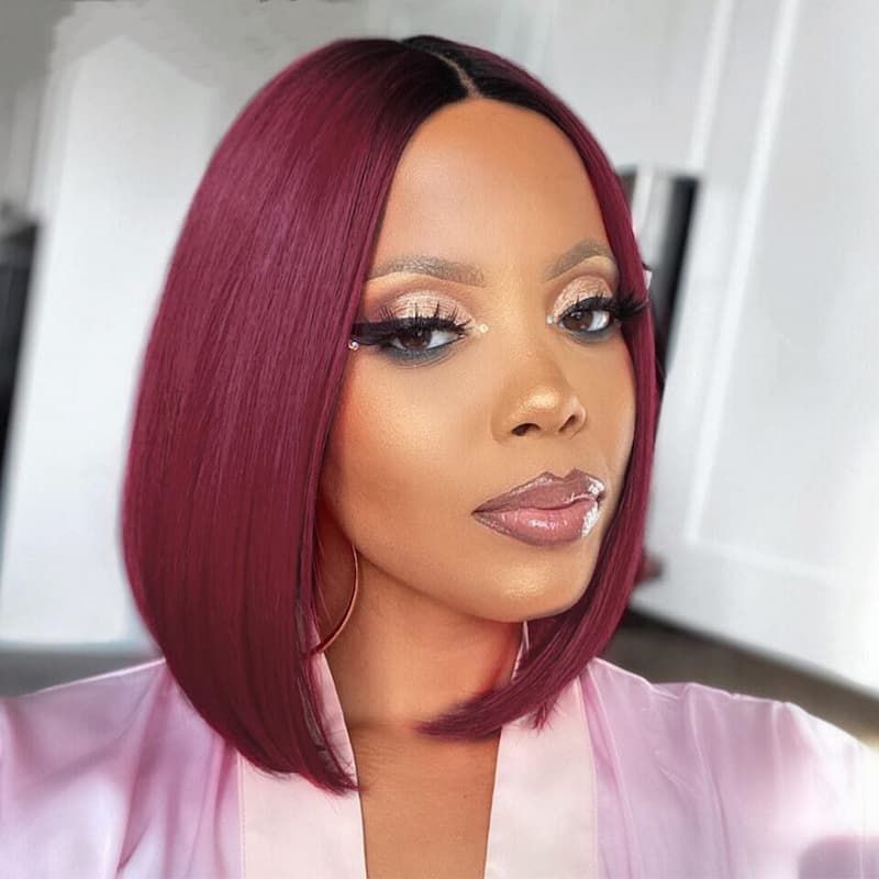 QVR 1B/99J Burgundy Color Hair Short Bob Wigs Straight Human Hair Wigs Short Lace Wigs With Dark Roots - Image 8
