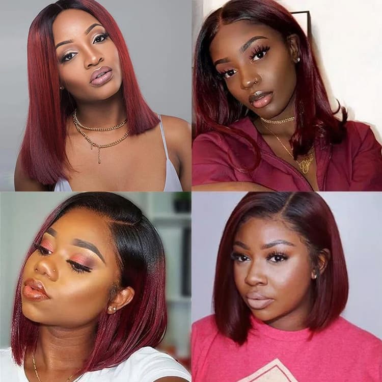 QVR 1B/99J Burgundy Color Hair Short Bob Wigs Straight Human Hair Wigs Short Lace Wigs With Dark Roots - Image 9