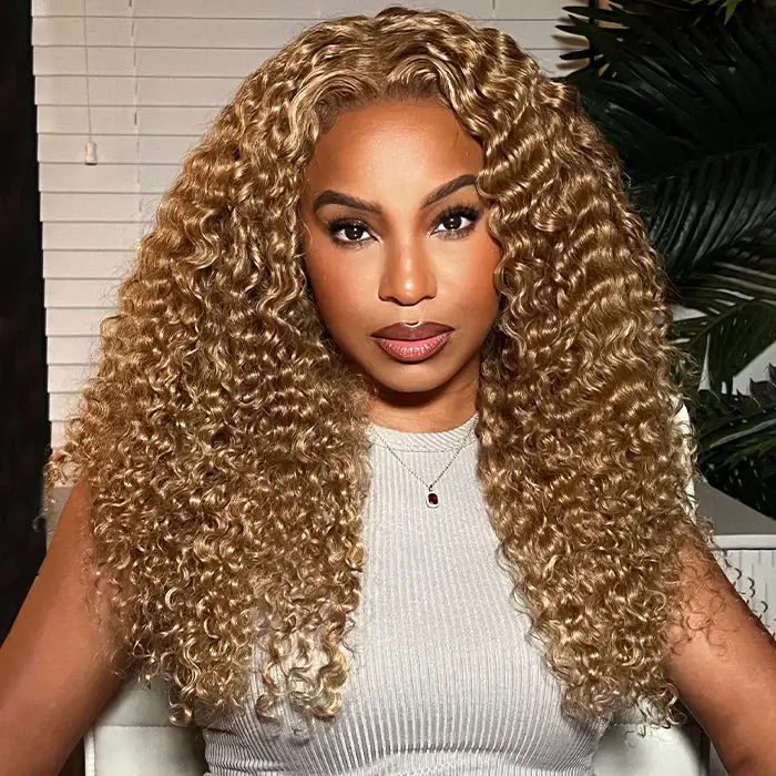 QVR #27 Blonde Curly Pre Plucked Real 13x4 Lace Frontal Wigs 180% Density Deep Parting Human Hair Wigs