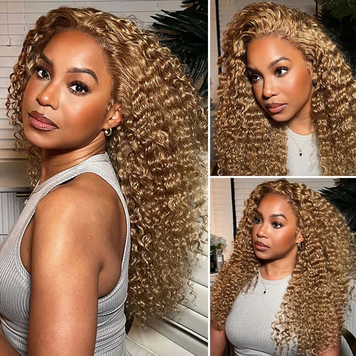 QVR #27 Blonde Curly Pre Plucked Real 13x4 Lace Frontal Wigs 180% Density Deep Parting Human Hair Wigs - Image 2