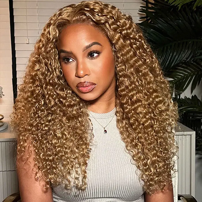 QVR #27 Blonde Curly Pre Plucked Real 13x4 Lace Frontal Wigs 180% Density Deep Parting Human Hair Wigs - Image 3