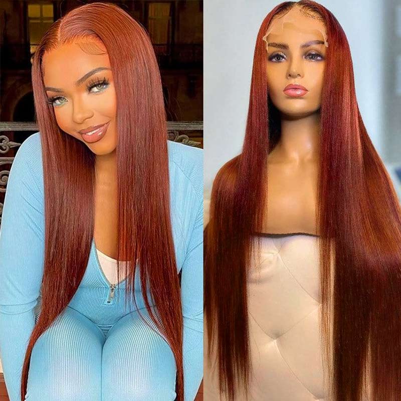 QVR #33A Reddish Brown Body Wave Wigs Virgin Straight Human Hair Wig 13x4 Lace Front Wigs - Image 5