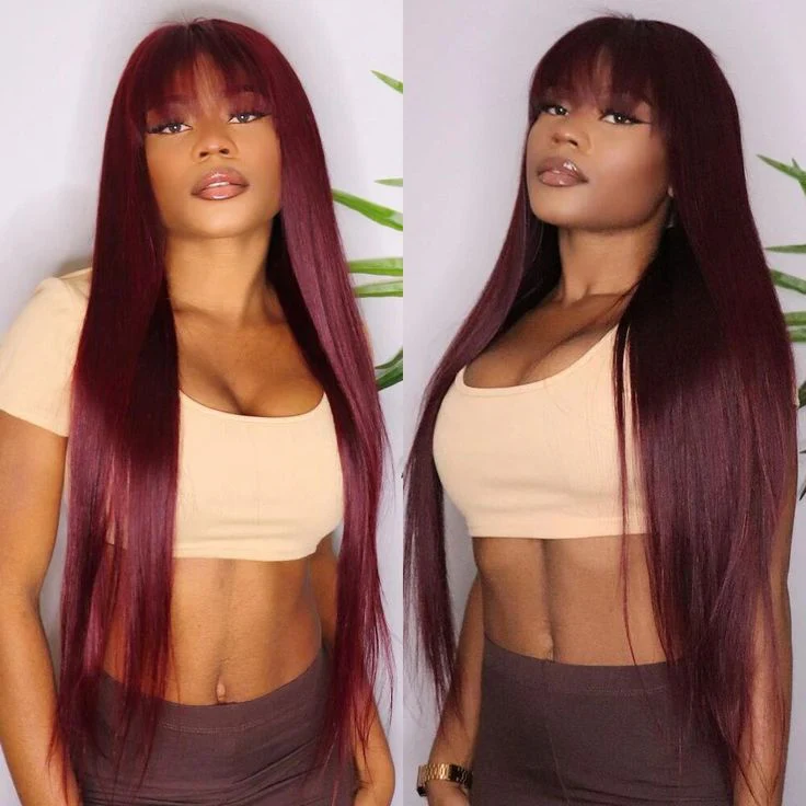 QVR 99J Burgundy Color Machine Made Wig With Bangs Stright Human Hair Wigs No Lace - Image 2