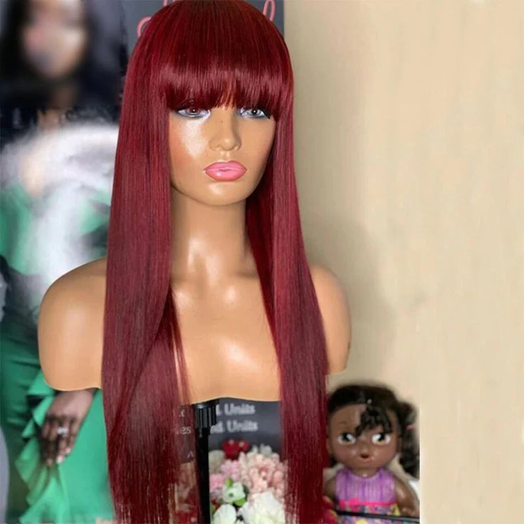 QVR 99J Burgundy Color Machine Made Wig With Bangs Stright Human Hair Wigs No Lace - Image 5