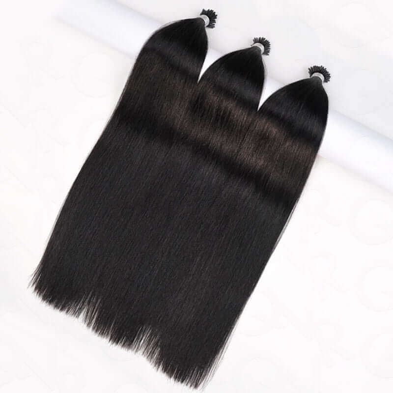 QVR Silk Straight I Tip Hair Extensions Natural Black Human Hair - Image 3