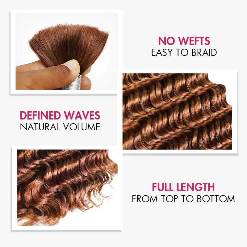 QVR Auburn Brown #30 Boho Knotless Braids Human Bulk Hair Deep Wave Human Braiding Hair Extensions - Image 3