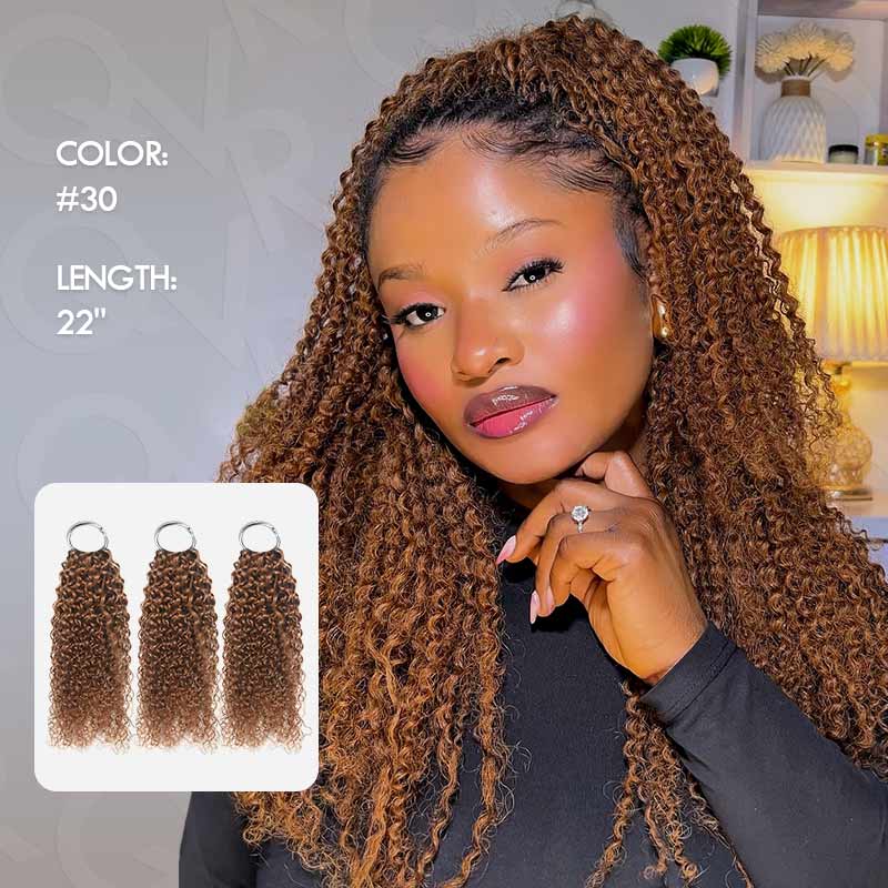 QVR Auburn Brown #30 Crochet Hair Small Kinky Curly Machine Made Feather Human Hair Extension - Image 4