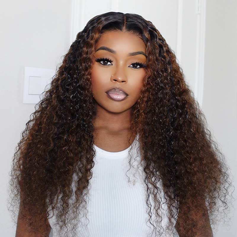 QVR Balayage Funmi Curly Glueless 5x5 Lace Closure Wig Brown Highlights Human Hair Wigs - Image 2