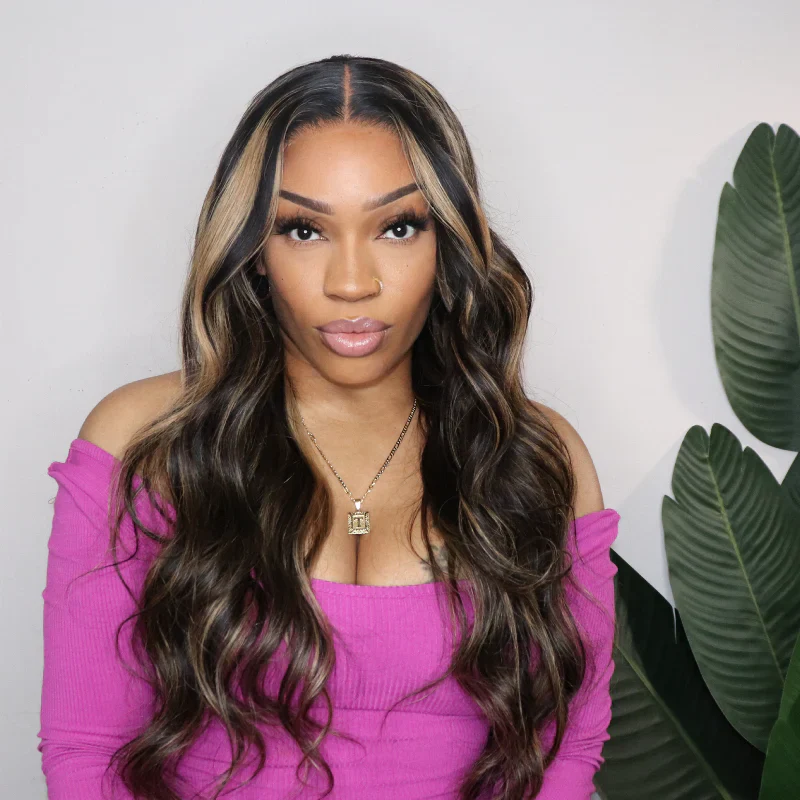 QVR Balayage Highlight Color 4x4 Transparent Lace Closure Invisible knots Pre-Plucked Body Wave Wig - Image 2