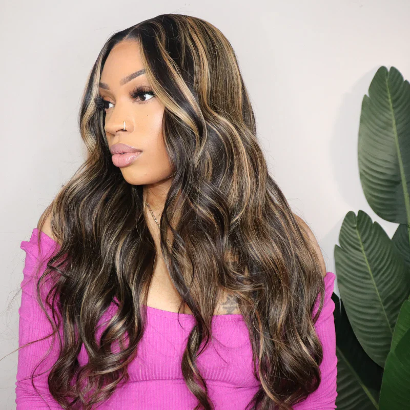 QVR Balayage Highlight Color 4x4 Transparent Lace Closure Invisible knots Pre-Plucked Body Wave Wig - Image 3