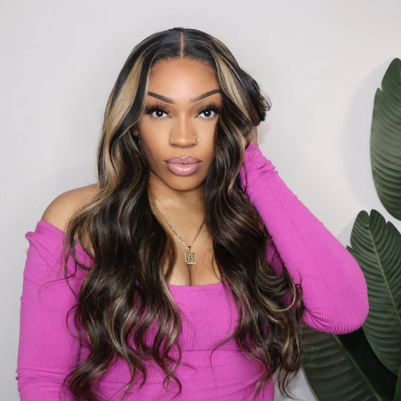 QVR Balayage Highlight Color 4x4 Transparent Lace Closure Invisible knots Pre-Plucked Body Wave Wig - Image 4
