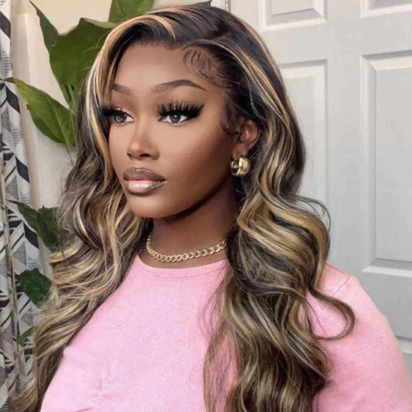 QVR Balayage Highlight Color 4x4 Transparent Lace Closure Invisible knots Pre-Plucked Body Wave Wig - Image 5