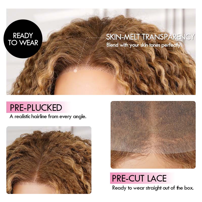 QVR Blonde Highlight #P6/27 Burmese Curly Glueless 5X5 Pre-cut Lace Closure Human Hair Wigs 210% Density - Image 3