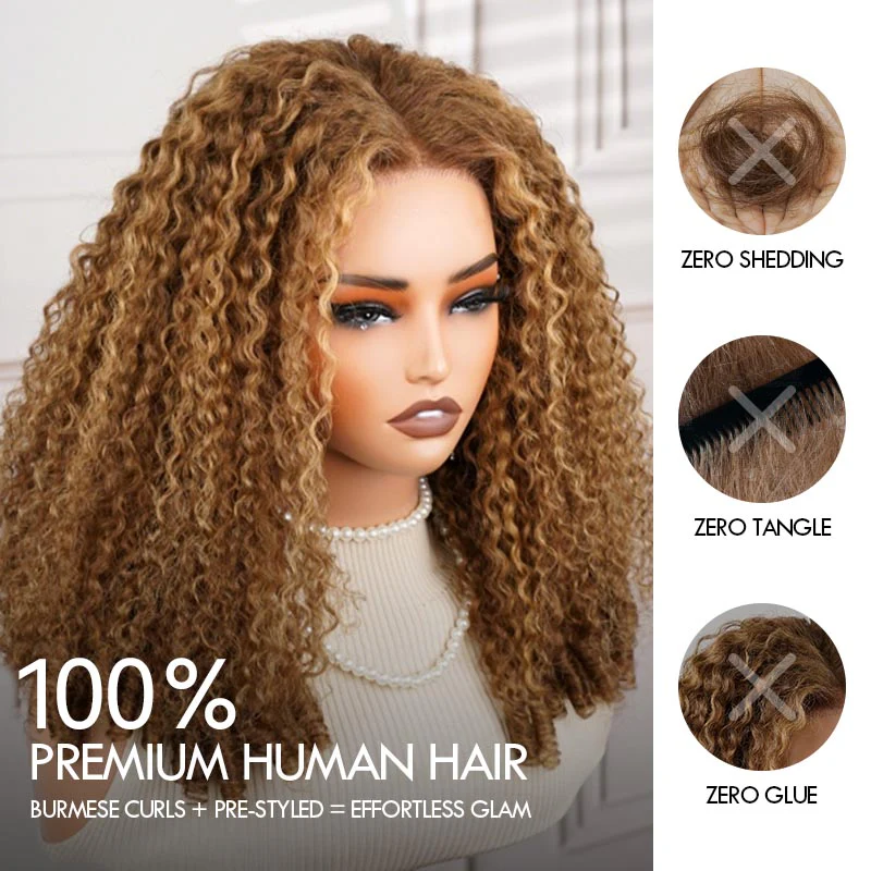 QVR Blonde Highlight #P6/27 Burmese Curly Glueless 5X5 Pre-cut Lace Closure Human Hair Wigs 210% Density - Image 5