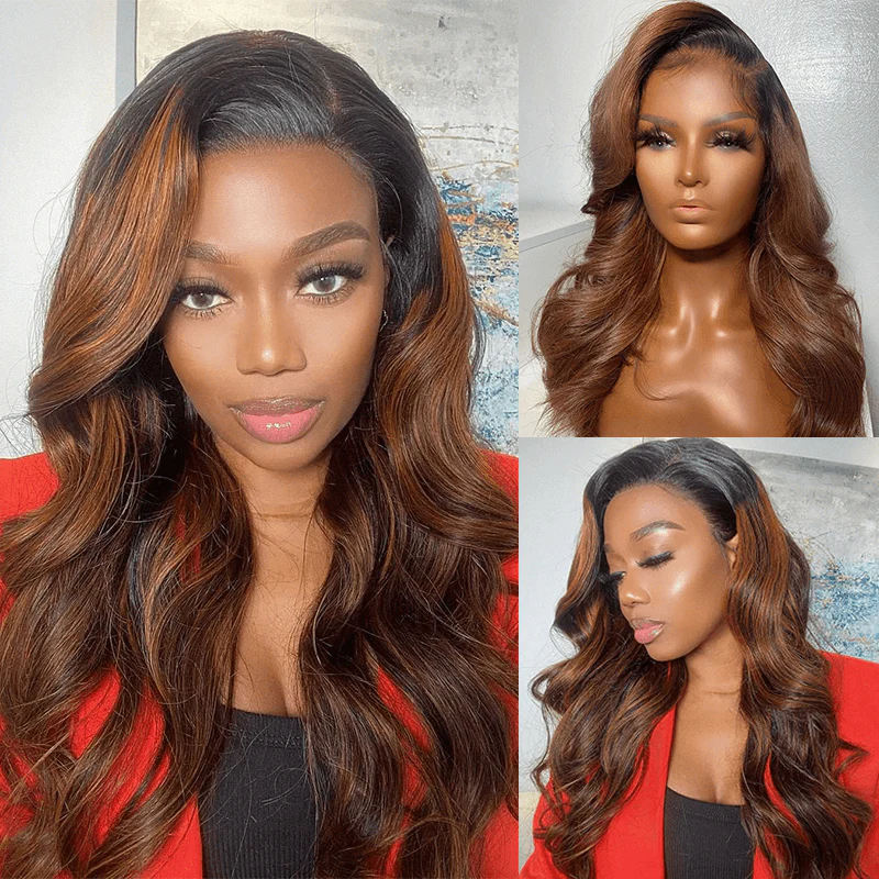 QVR Body Wave Hair 1B/30 Ombre Honey Brown Color Glueless 13x4 Lace Frontal Wig 100% Virgin Human Hair Wigs - Image 2