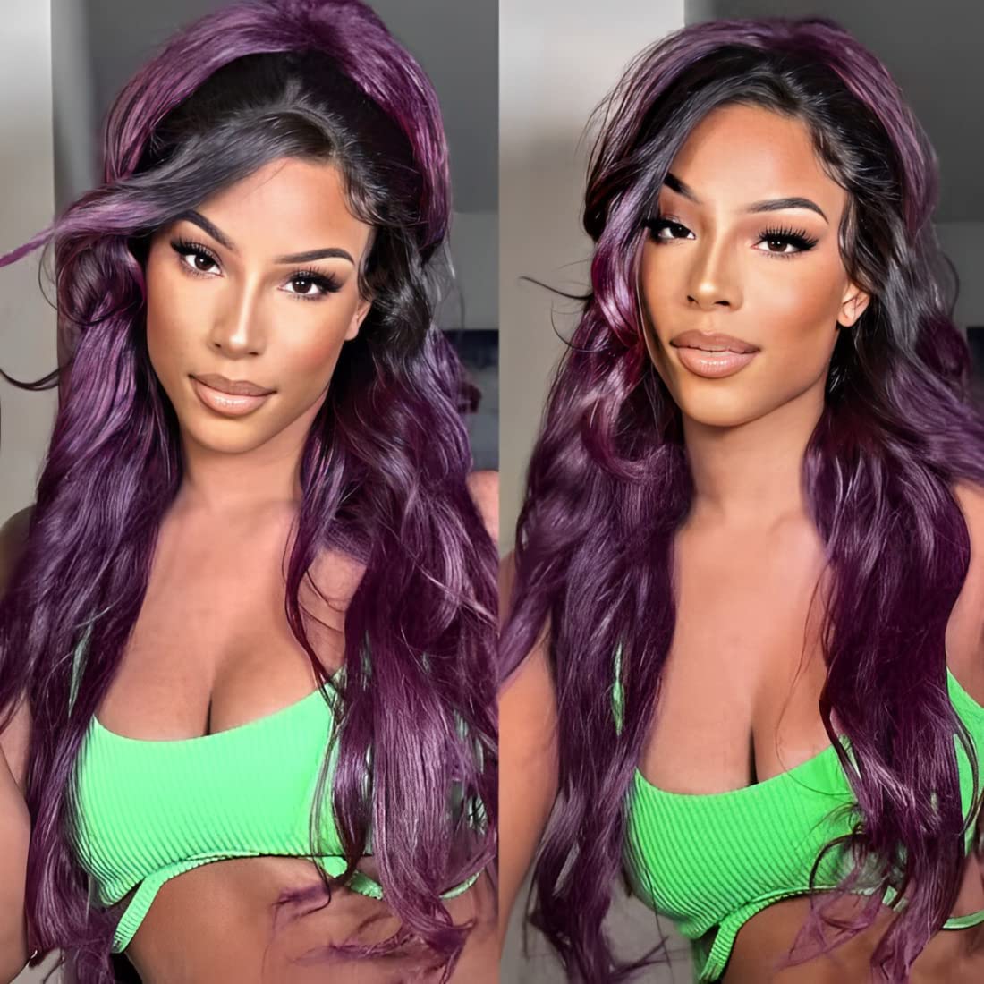 QVR Body Wave Ombre Smokey Dark Purple 13x4 Lace Front Wig With Black Root Human Hair - Image 2