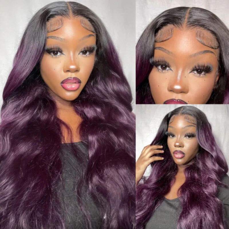QVR Body Wave Ombre Smokey Dark Purple 13x4 Lace Front Wig With Black Root Human Hair - Image 3