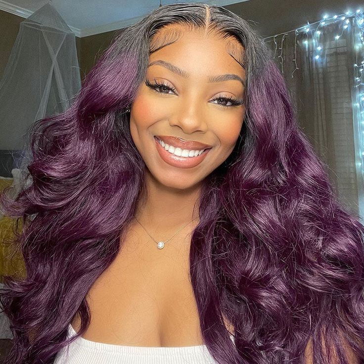 QVR Body Wave Ombre Smokey Dark Purple 13x4 Lace Front Wig With Black Root Human Hair - Image 4