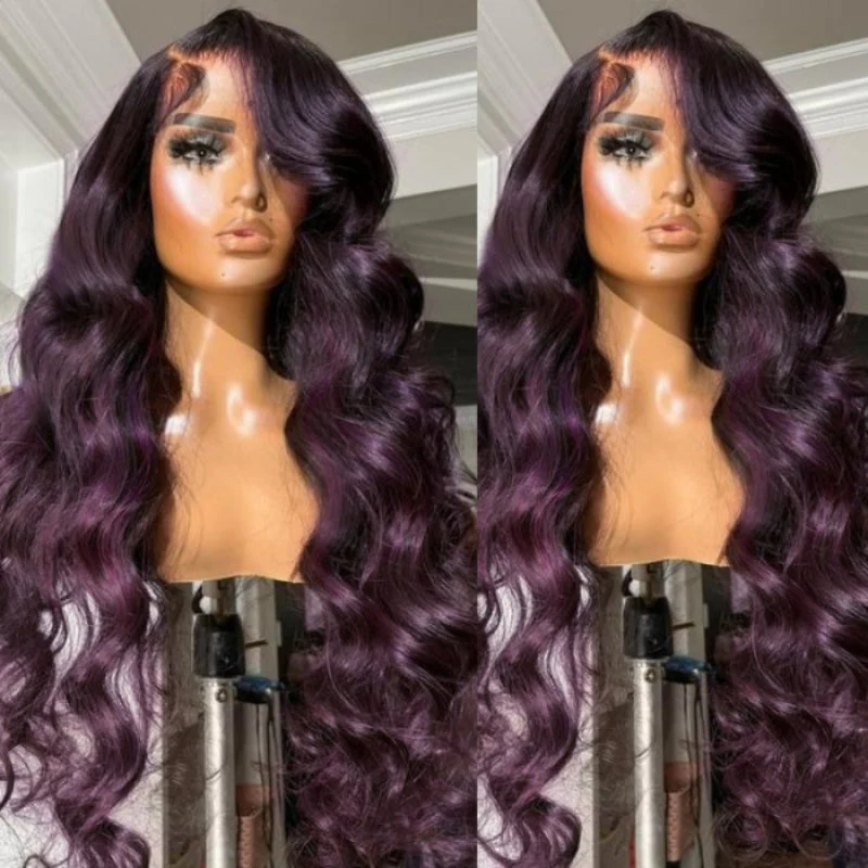QVR Body Wave Ombre Smokey Dark Purple 13x4 Lace Front Wig With Black Root Human Hair - Image 5